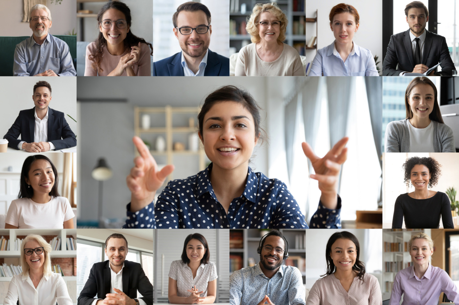 Webcam-Bildschirm zeigt viele Gesichter von verschiedenen teilnehmenden Menschen