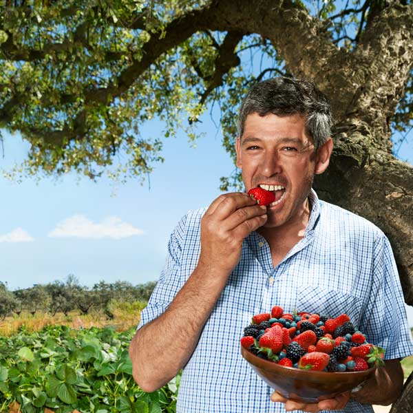 Mann hält naschend eine Schüssel mit SanLucar Erdbeeren