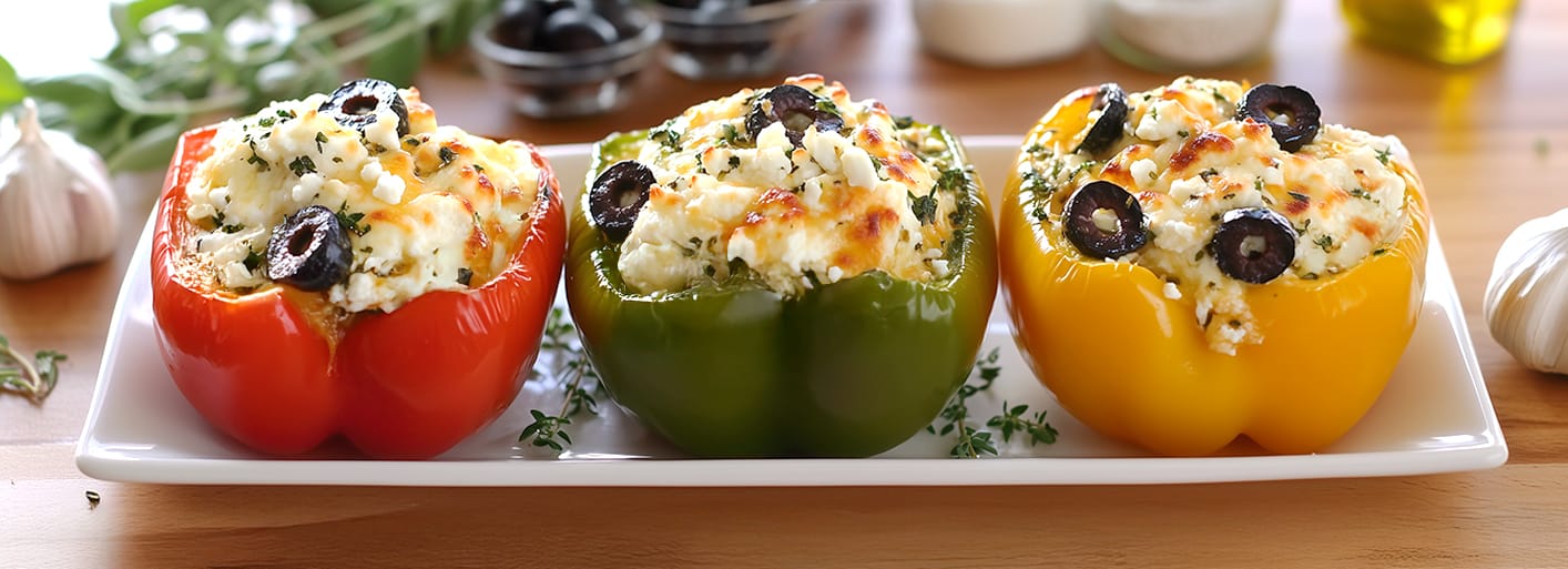 Paprika-mit-Kase-Oliven-Fullung_header Stuffed bell peppers with cheese and olives – a flavorful and colorful appetizer or side dish