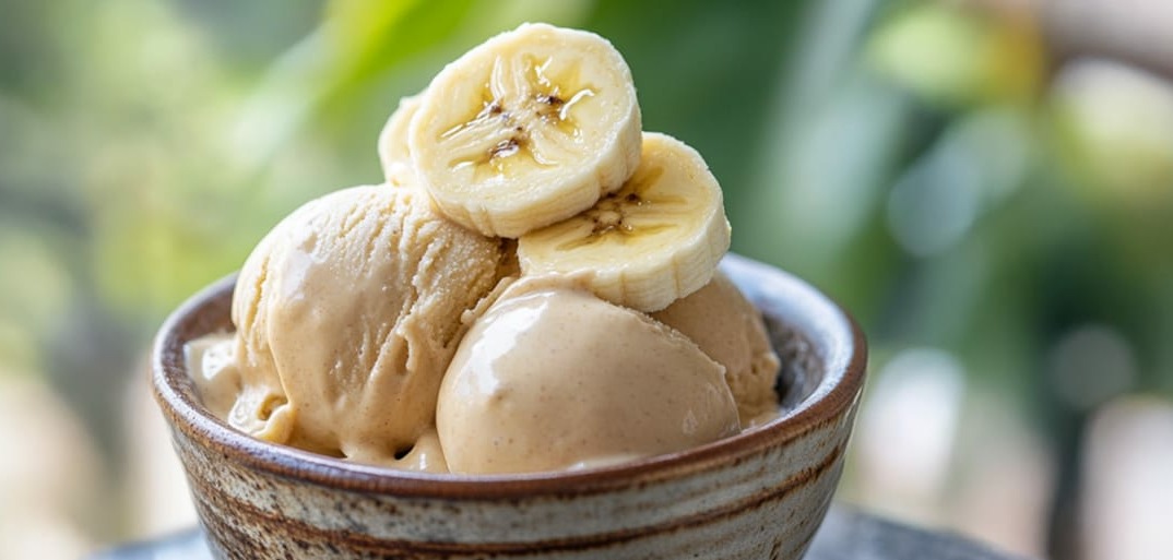 Smooth and creamy banana ice cream served in a bowl with fresh fruit – a delicious and vegan frozen dessert