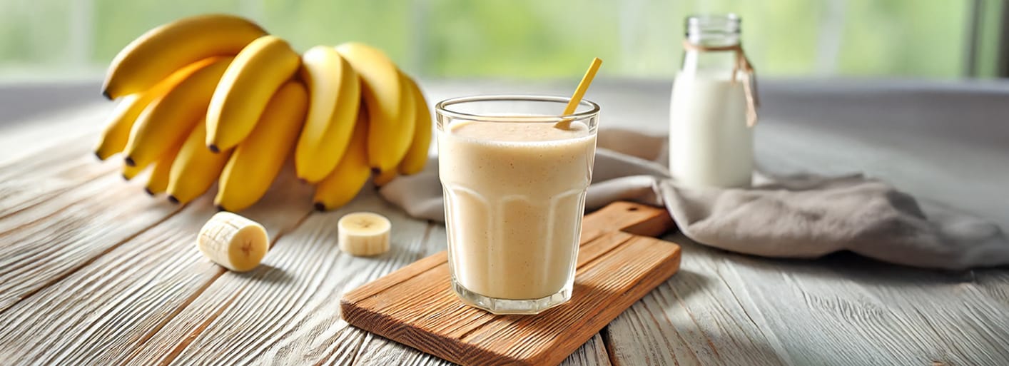 Creamy banana smoothie in a glass, garnished with fresh banana slices – a refreshing and nutritious drink idea.