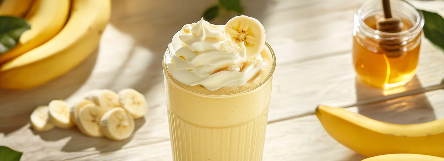 Banana Smoothie _header_2 Creamy banana smoothie in a glass, garnished with fresh banana slices – a refreshing and nutritious drink idea.