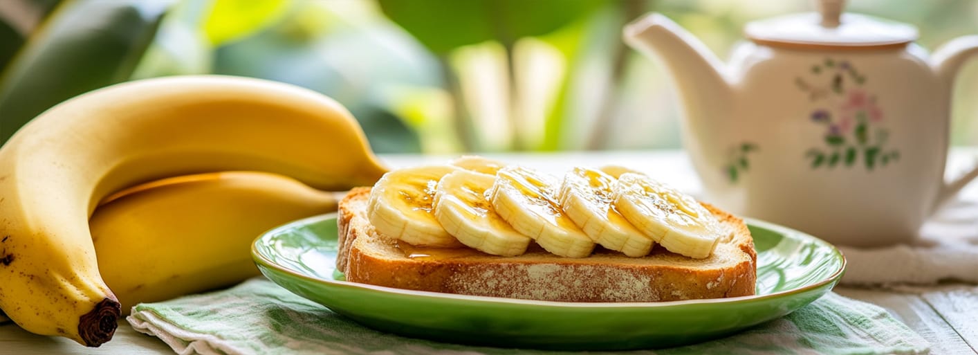 Banana toasts with fresh fruit and peanuts on a toast – a healthy, delicious breakfast idea with natural ingredients