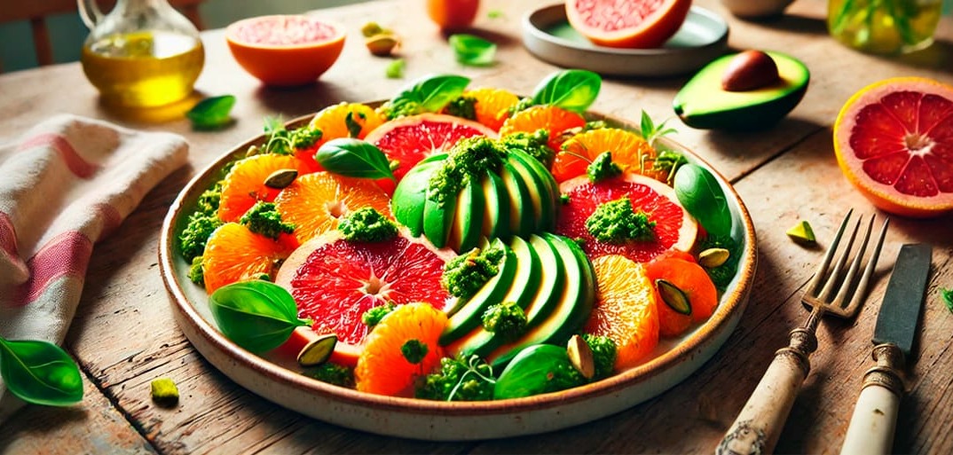 Citrus salad with pesto – a refreshing mix of oranges, grapefruit, and fresh herbs, drizzled with pesto dressing