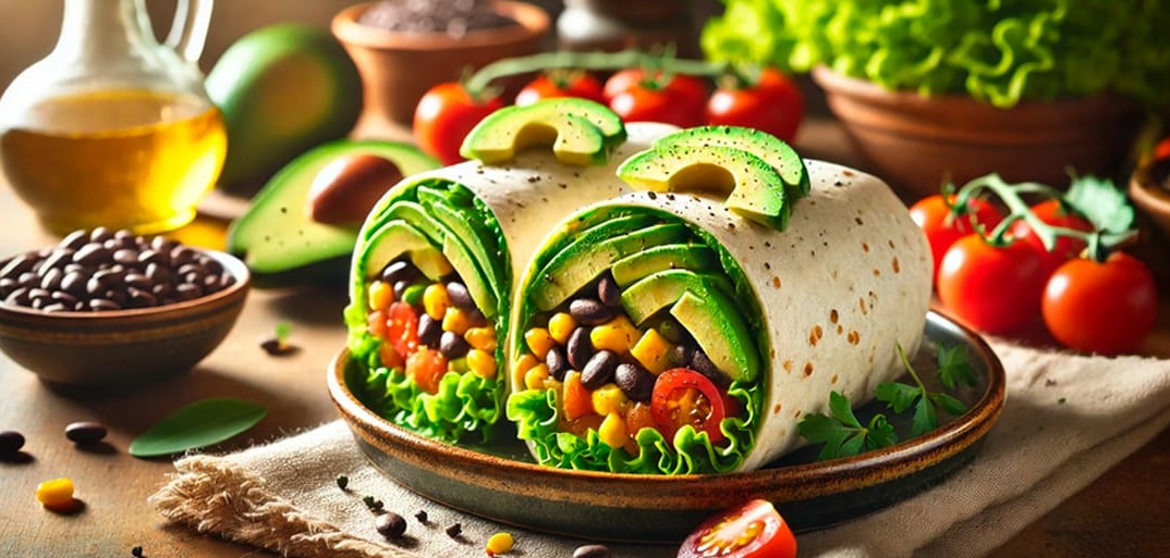 Veggie Burrito – tortilla filled with fresh vegetables, black beans, rice, and avocado salsa.