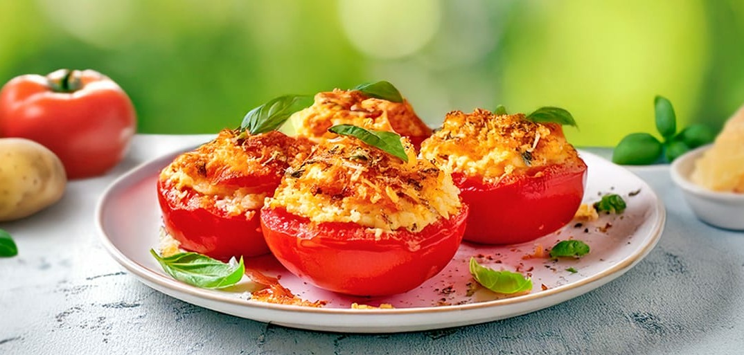 A plate of stuffed tomatoes topped with cheese, garnished with fresh basil leaves.