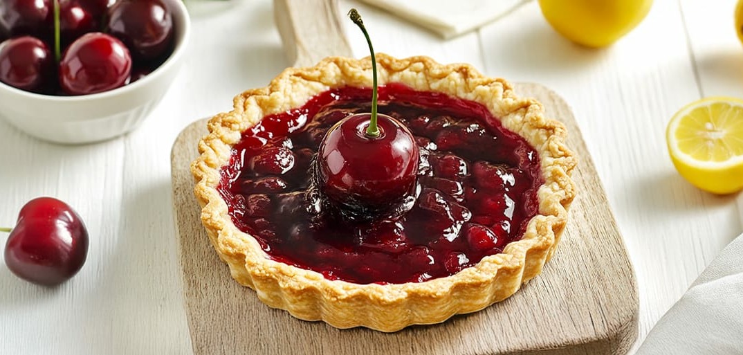 Cherry tart with lemon and cherries. A full-sized cherry tart topped with a single fresh cherry, with surrounding lemons and a white background.