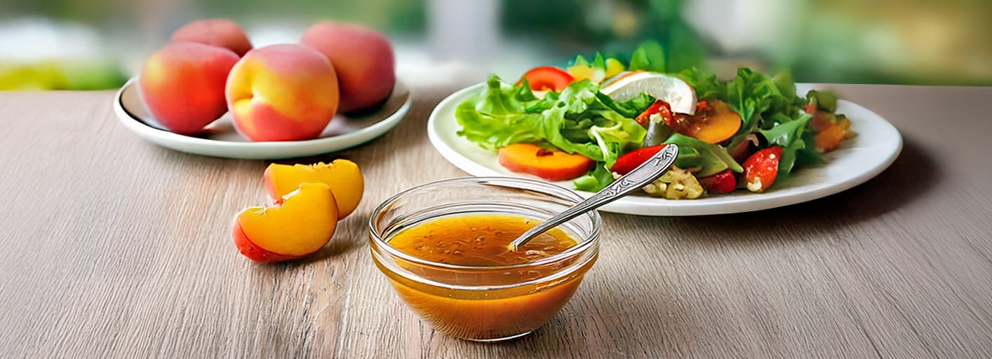 A bowl of homemade dressing placed on a wooden table, accompanied by fresh strawberries, peach slices, and a vibrant salad on a plate, all set in a warm, inviting atmosphere.