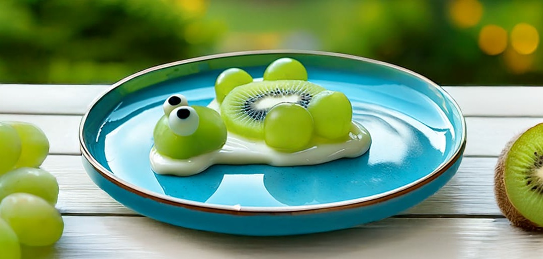 A playful plate of turtle-shaped snacks, made with green grapes, kiwi slices, and white chocolate