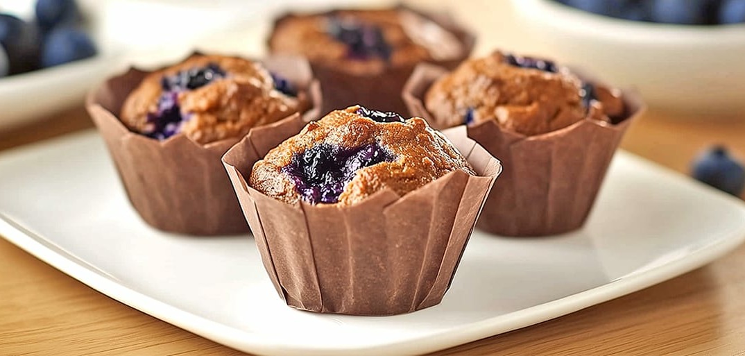 Delicious freshly baked blueberry pumpkin muffins served on a plate, surrounded by fresh blueberries.