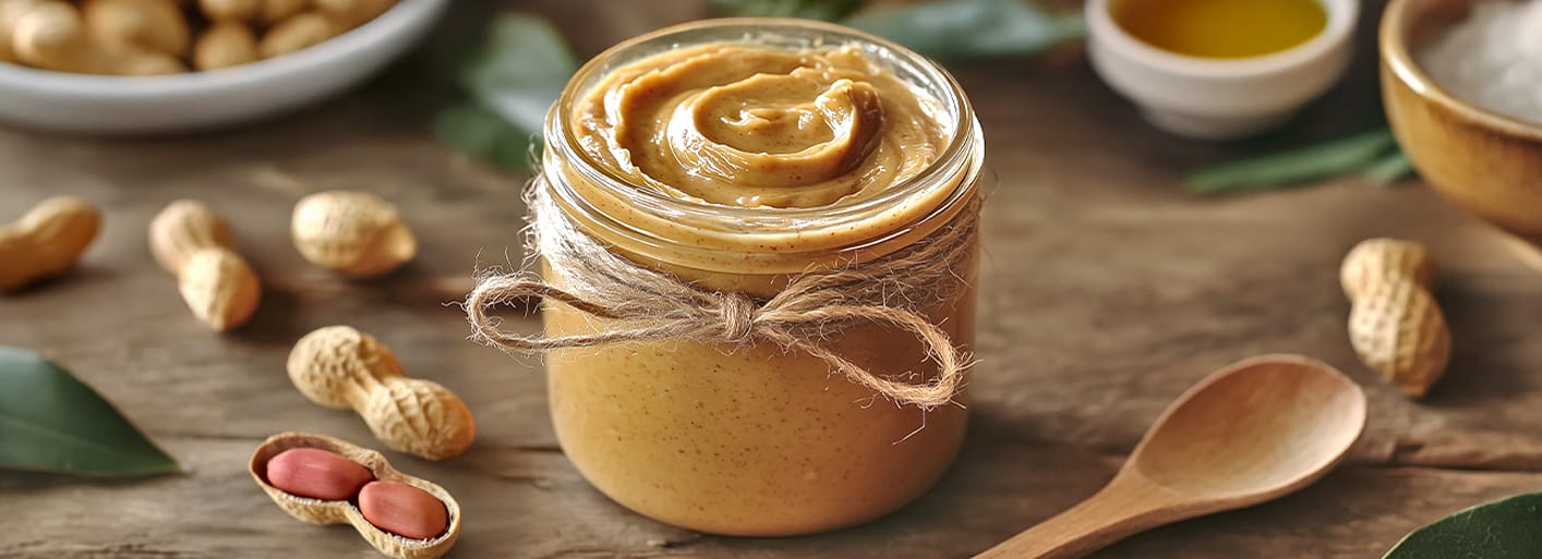 Homemade Peanut Butter_Header Homemade peanut butter in a glass jar with a twine wrap, surrounded by raw peanuts on a wooden surface