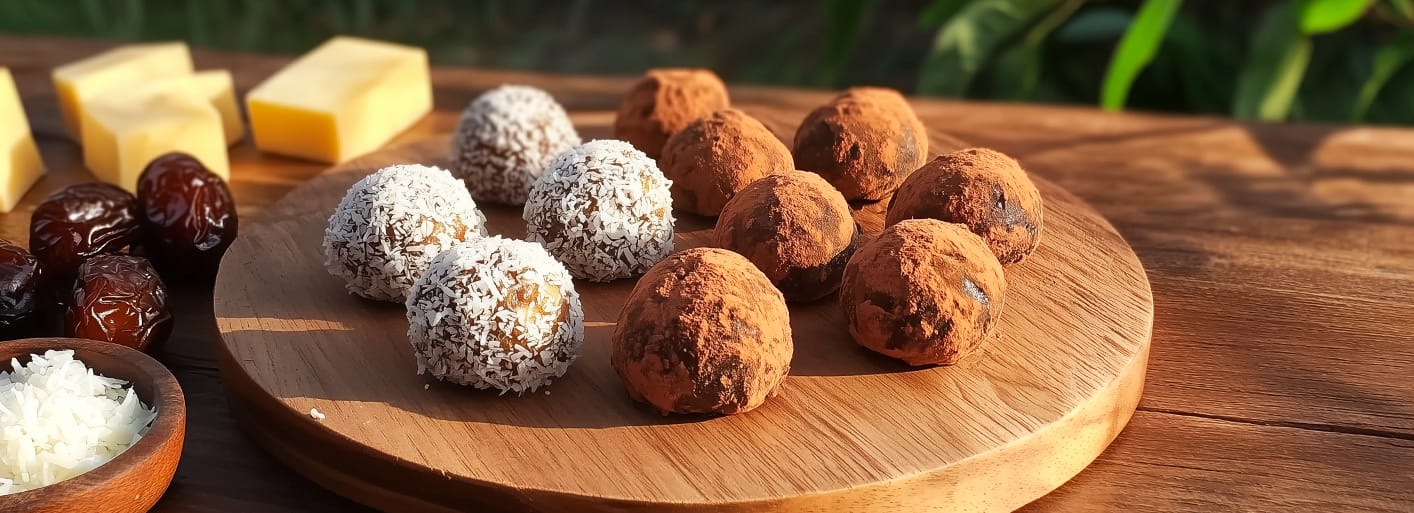 Käse-Datteln-Pralinen _Header Cheese-date pralines rolled in cocoa and coconut, served with fresh dates and cheese cubes