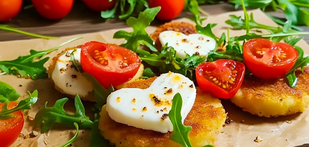 Golden baked potato cakes topped with cherry tomatoes, heart-shaped mozzarella, and arugula