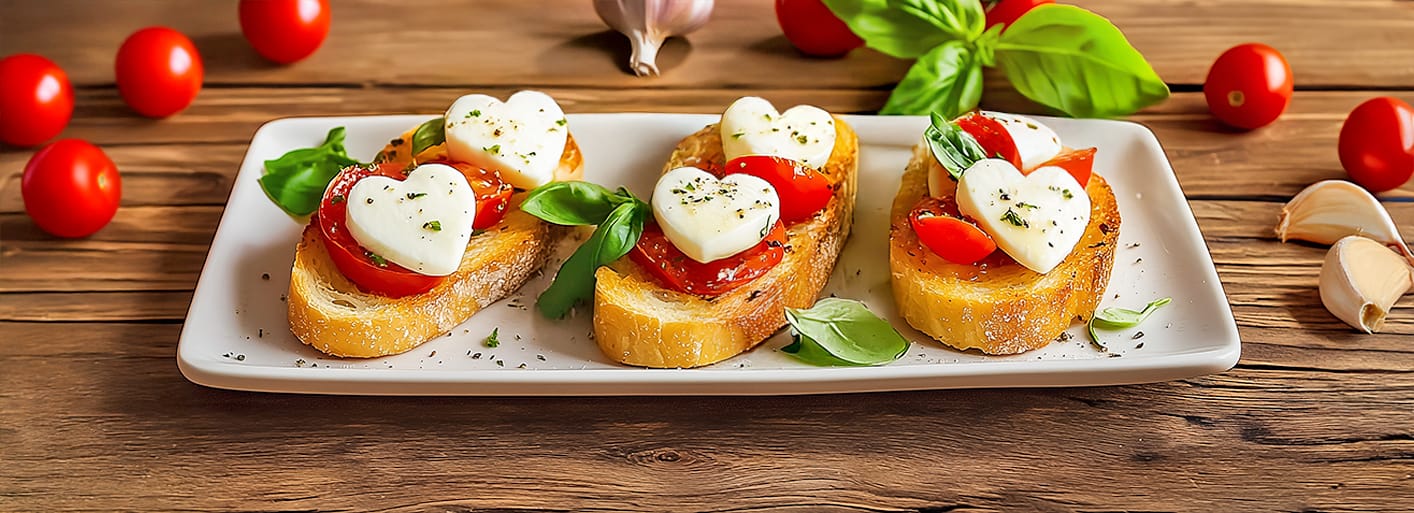 Tomato-Mozzarella Garlic Bread _Header Garlic bread topped with cherry tomatoes, basil, and heart-shaped mozzarella slices