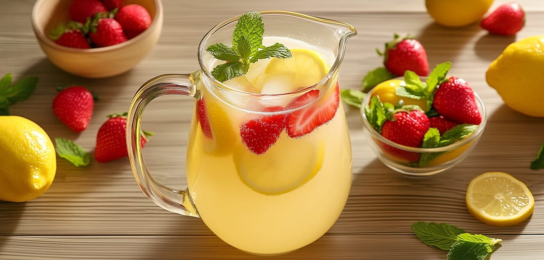 Refreshing lemonade with lemon slices, strawberries, and mint in a clear pitcher