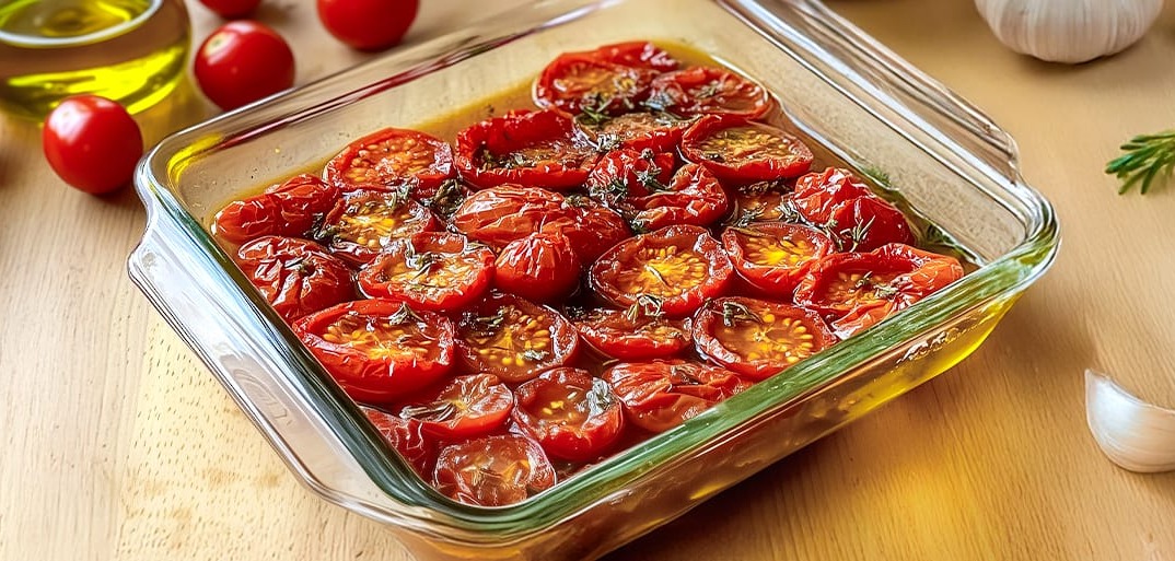 Baking dish with homemade sun-dried cherry tomatoes in olive oil with garlic and herbs