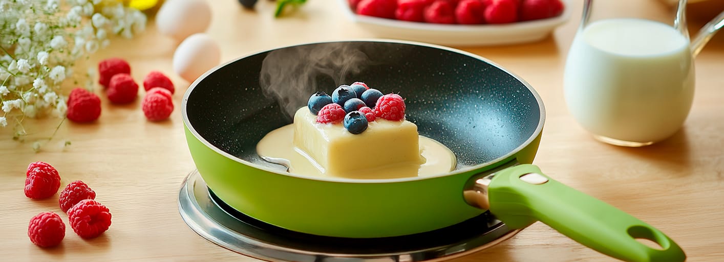 Pancake Cubes_Header_2 A cube of pancake batter cooking in a green frying pan, topped with fresh blueberries and raspberries. Surrounding the pan are raspberries, eggs, milk, and decorative flowers.